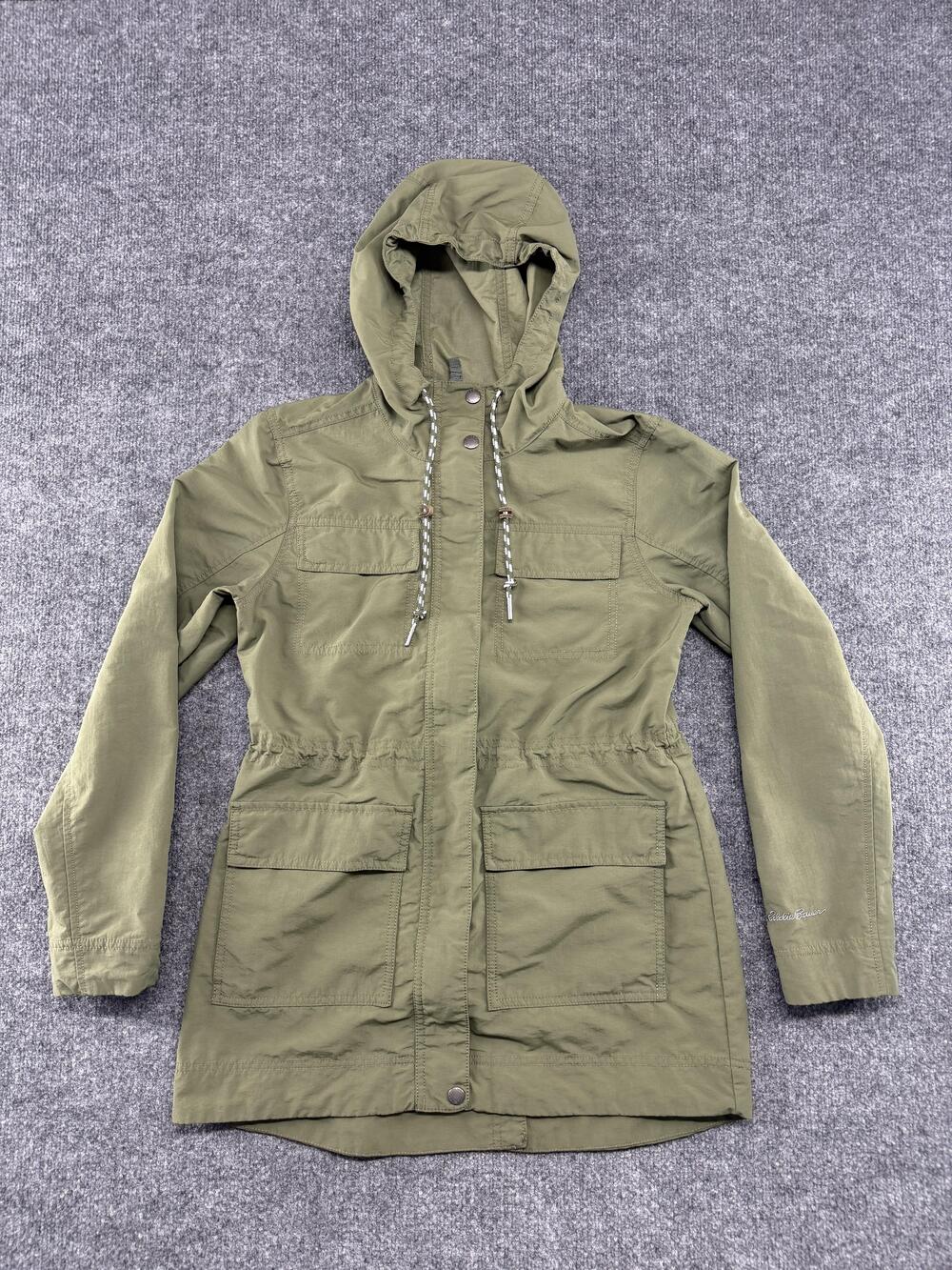 Eddie Bauer Jacket Womens Small Green Hooded Anorak Coat Nylon Utility Pockets